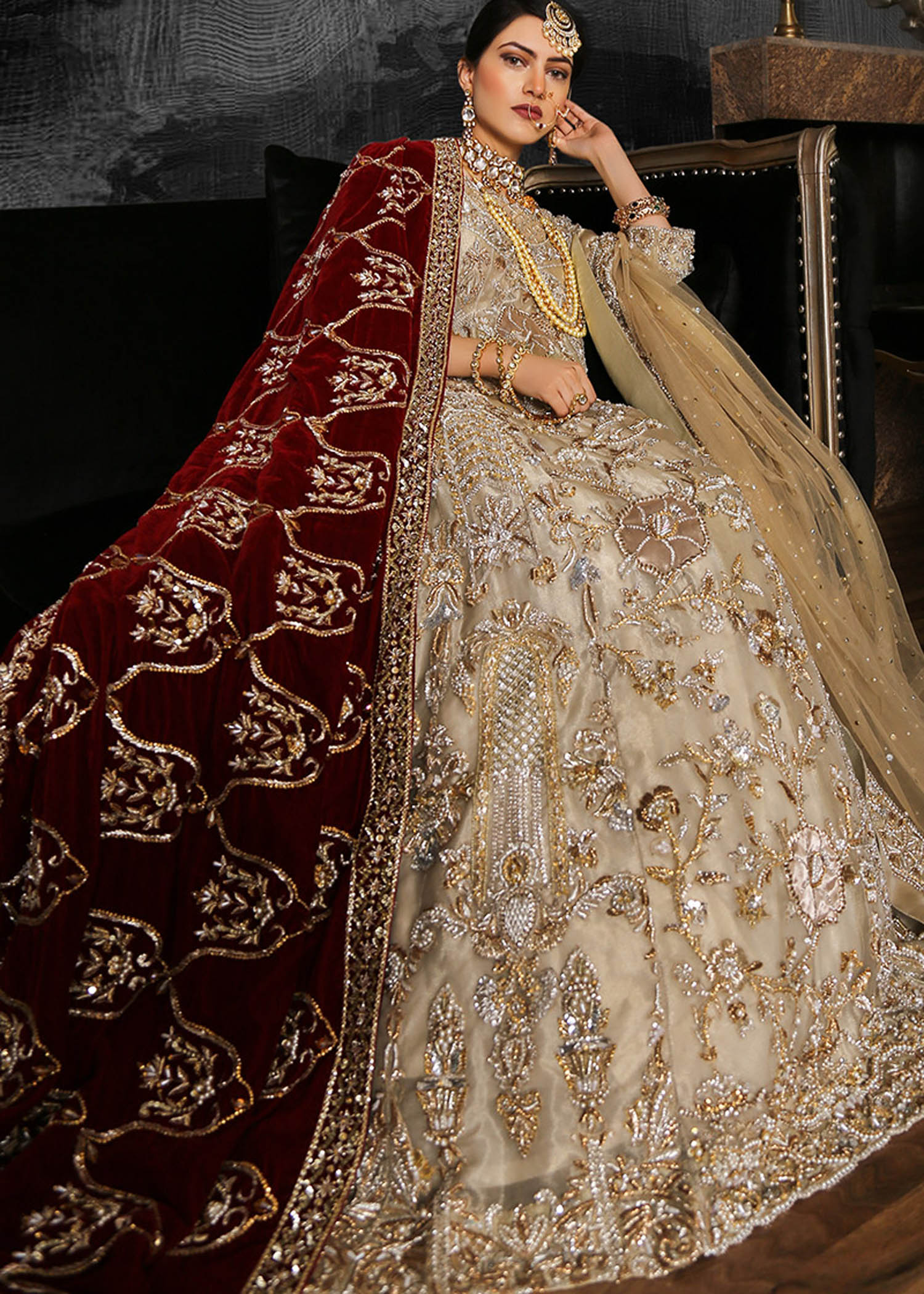 GOLD GRANITE LEHENGA CHOLI WITH RED DUPATTA