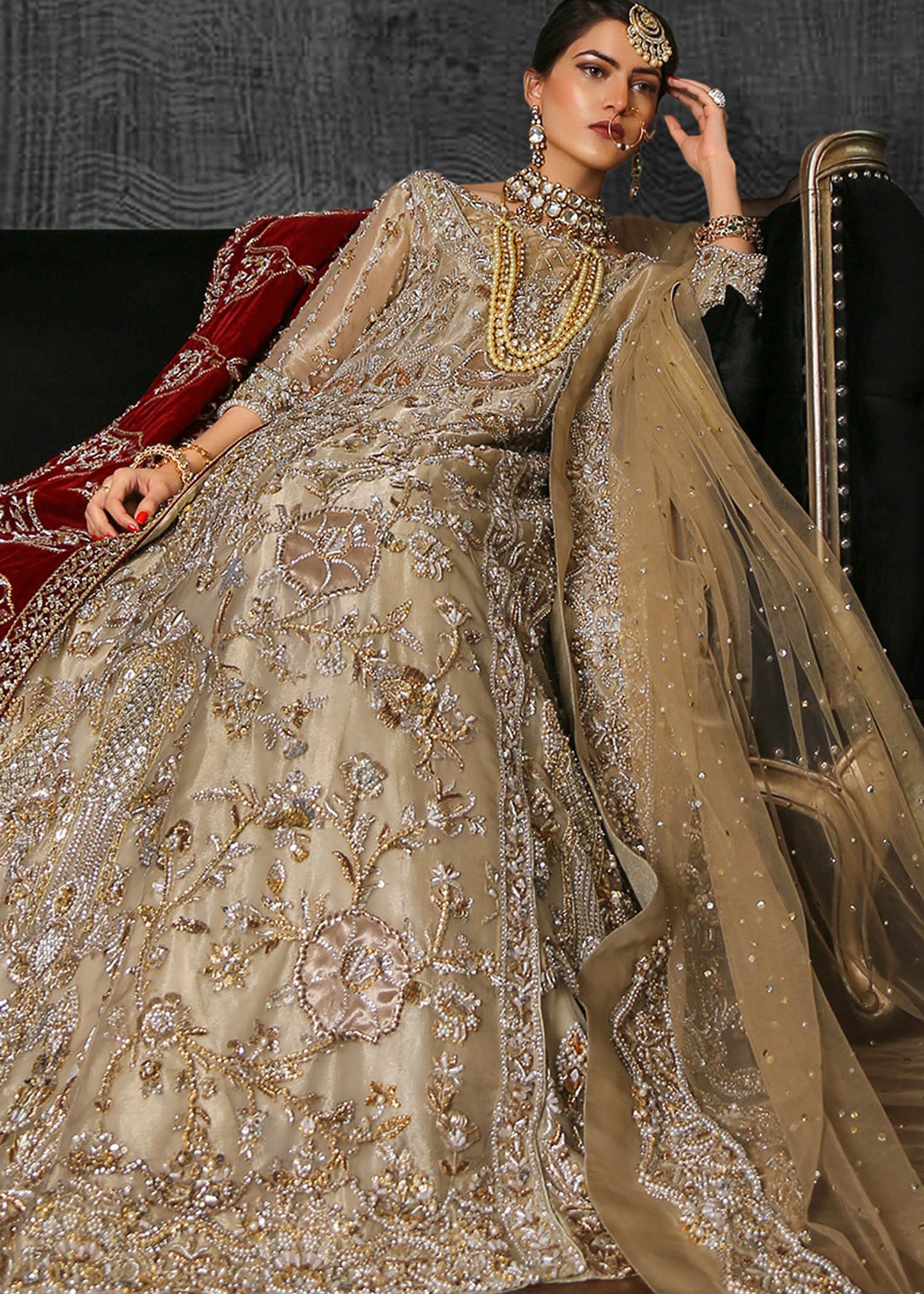 GOLD GRANITE LEHENGA CHOLI WITH RED DUPATTA