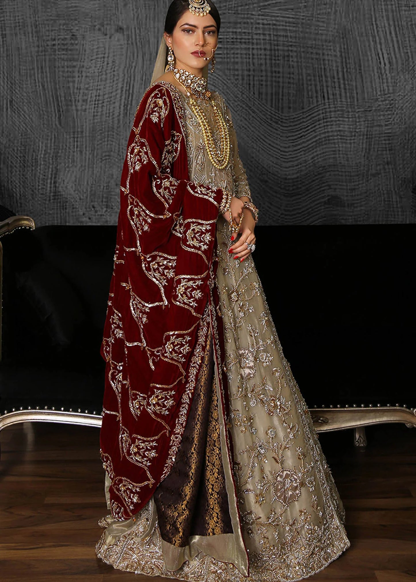 GOLD GRANITE LEHENGA CHOLI WITH RED DUPATTA