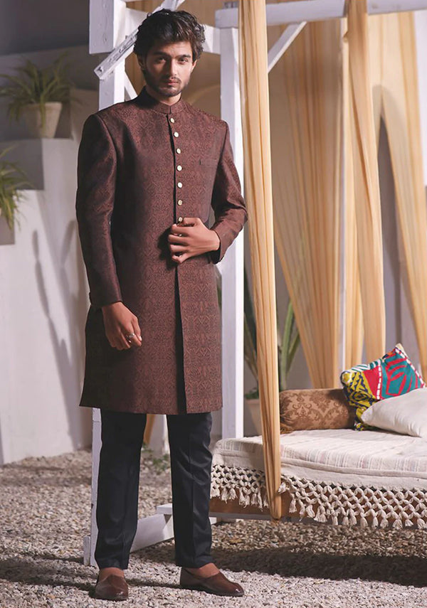 Classic Brown Jamawar Traditional Plain Sherwani