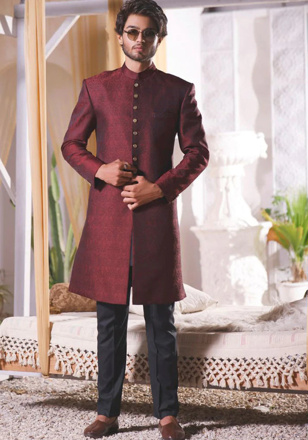 Classic Winetasting Jamawar Traditional Plain Sherwani