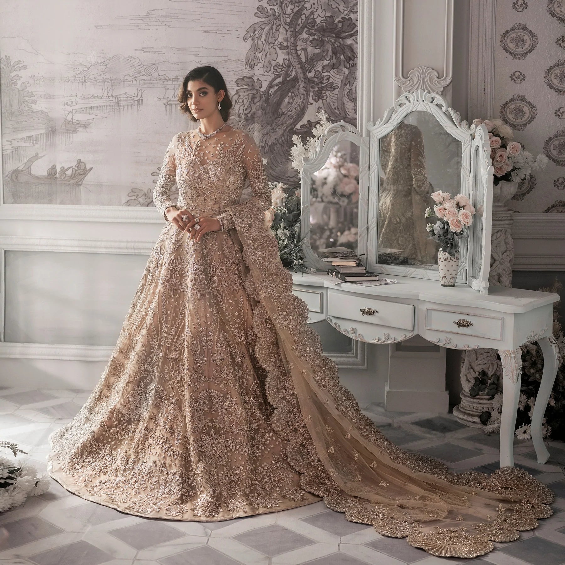 Golden Beige Lehenga Frock For Pakistani Wedding Dresses – UY COLLECTION