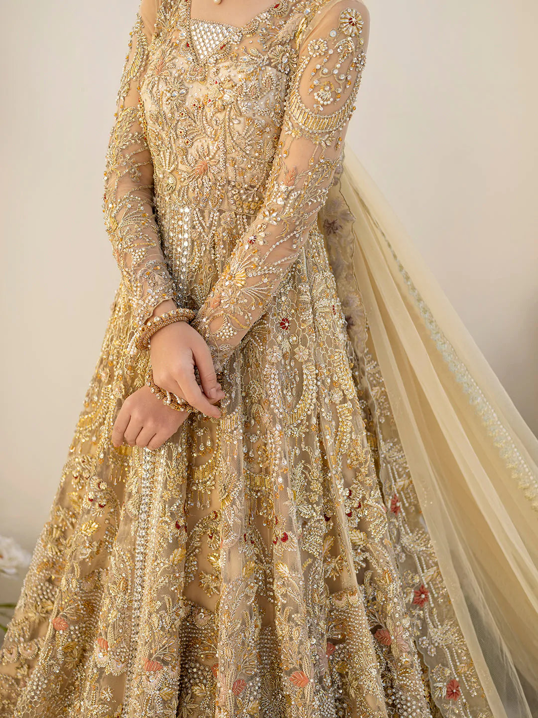 Golden Bridal Lehenga Gown Pakistani Wedding Dresses