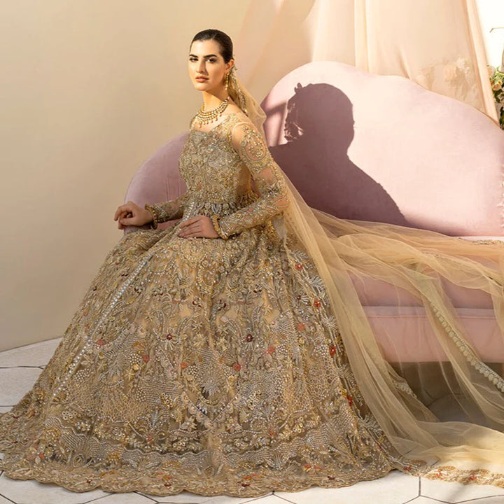 golden bridal dress pakistani Handmade Golden Pakistani Bridal Outfit, Embroidered Organza Wedding Gown