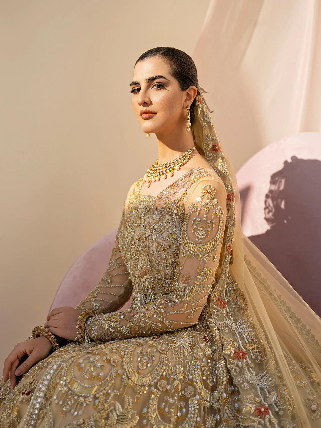 Golden Bridal Lehenga Gown Pakistani Wedding Dresses