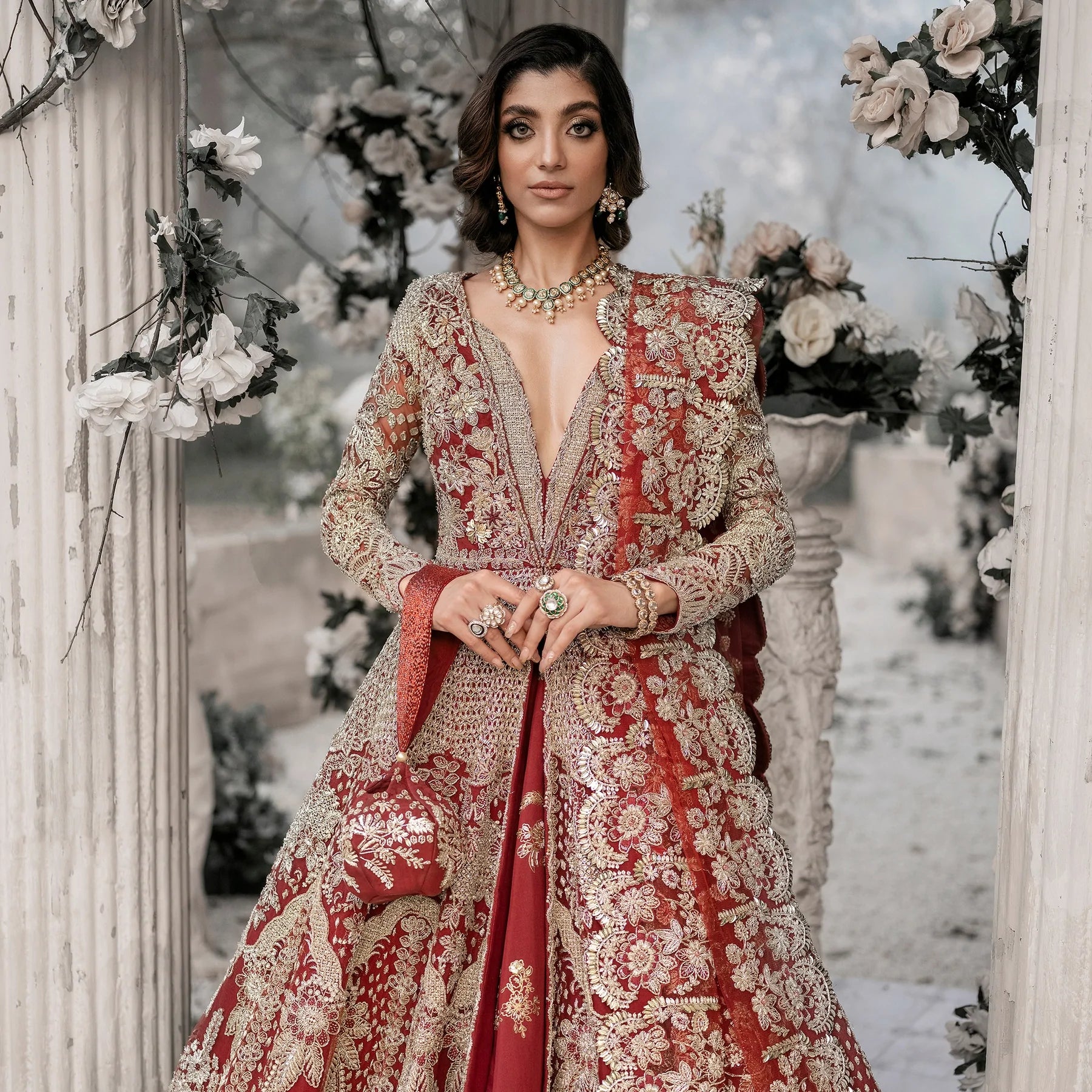 Rose Gold On Red Banarasi Silk Bridal Lehenga Choli - Lehengas Designer  Collection