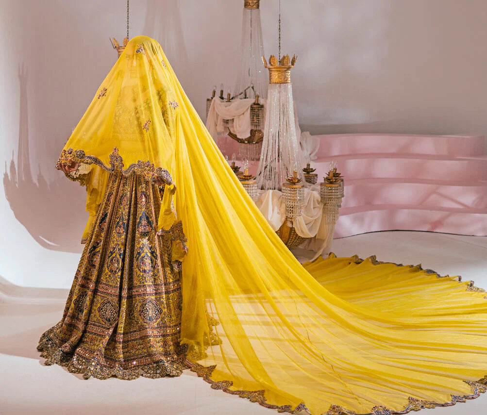 Fire Yellow Heavily Embellished Lehenga Set In Antique Work With Maroo