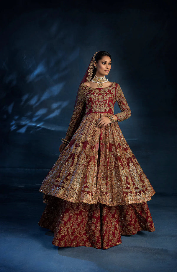 Red Pakistani Bridal Dress In Open Kameez Lehenga Style