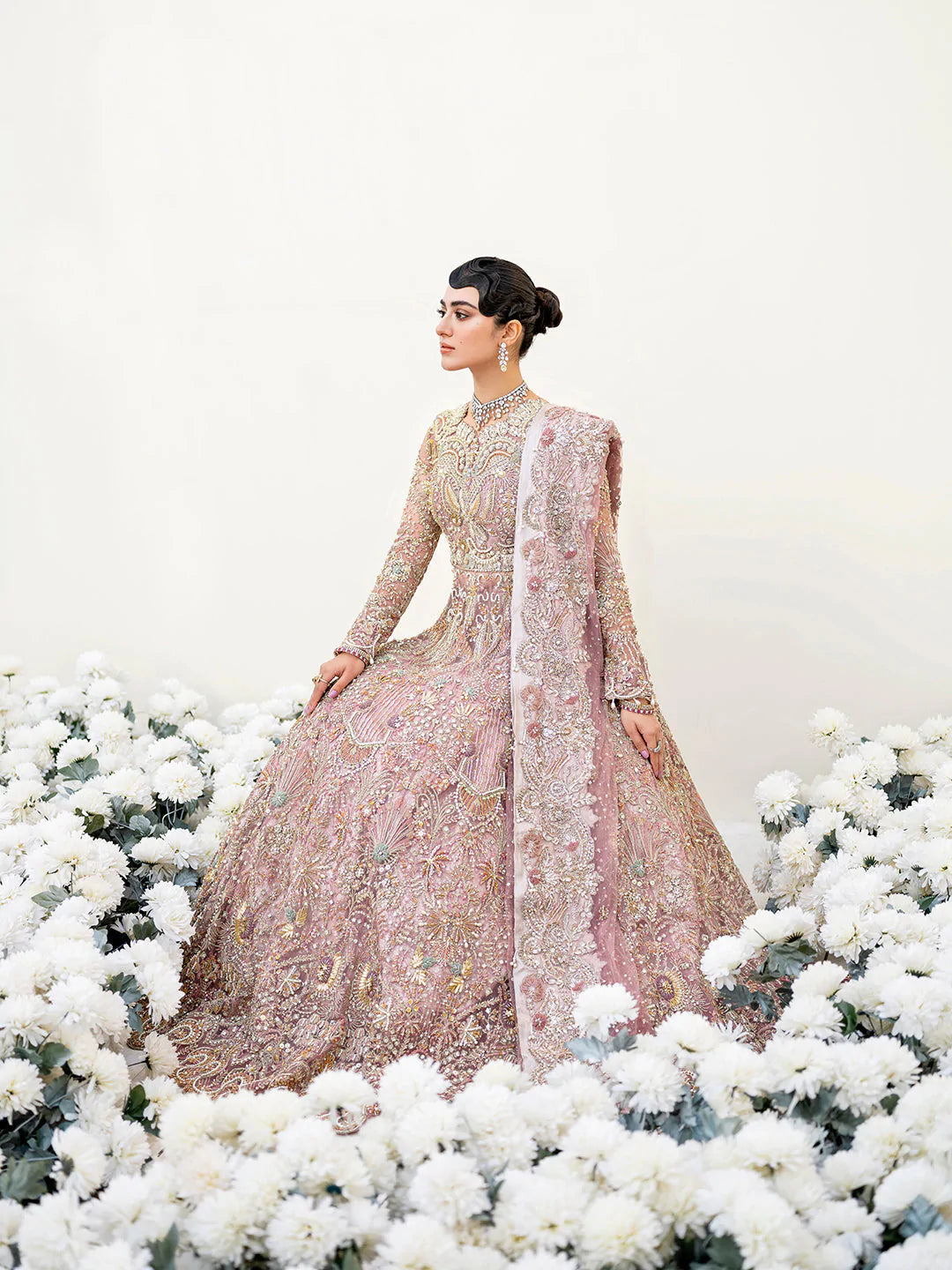 Royal Pakistani Bridal Lehenga with Short Frock in Gold – Nameera by Farooq