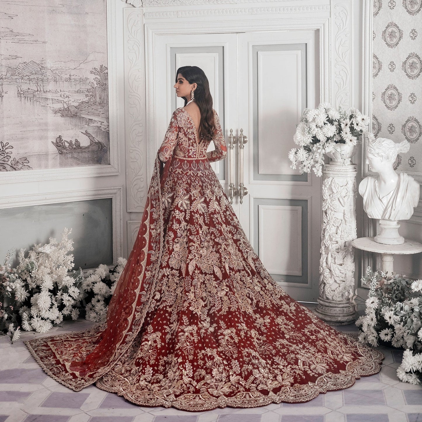 Maroon And Red Lehenga Maxi Dress Pakistani Bridal Wear