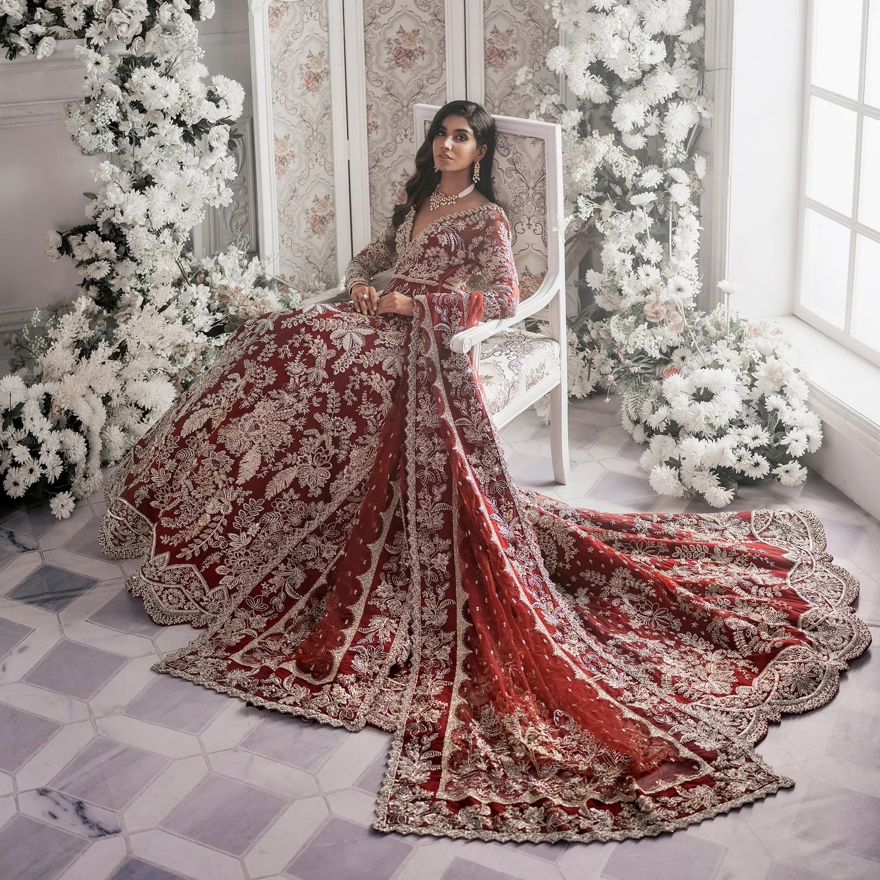 Maroon And Red Lehenga Maxi Dress Pakistani Bridal Wear