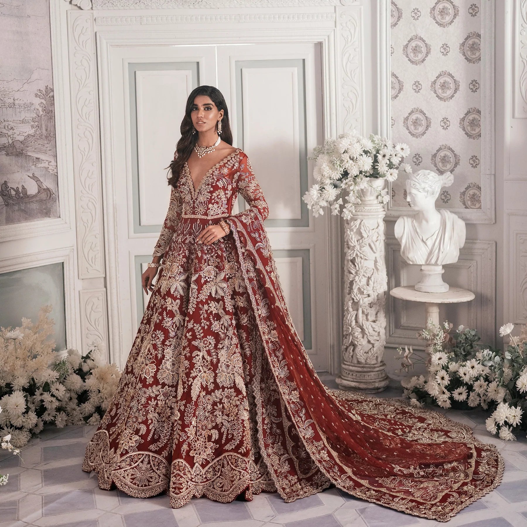 Maroon And Red Lehenga Maxi Dress Pakistani Bridal Wear