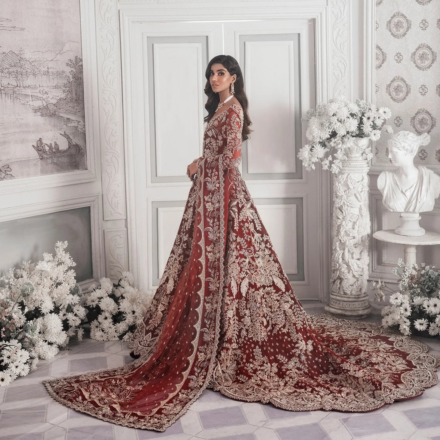 Maroon And Red Lehenga Maxi Dress Pakistani Bridal Wear