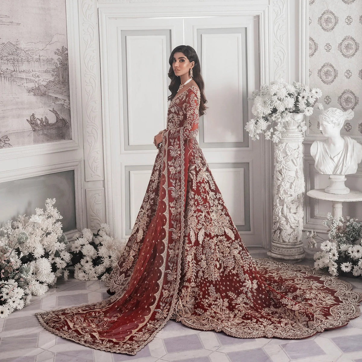 Maroon And Red Lehenga Maxi Dress Pakistani Bridal Wear UY