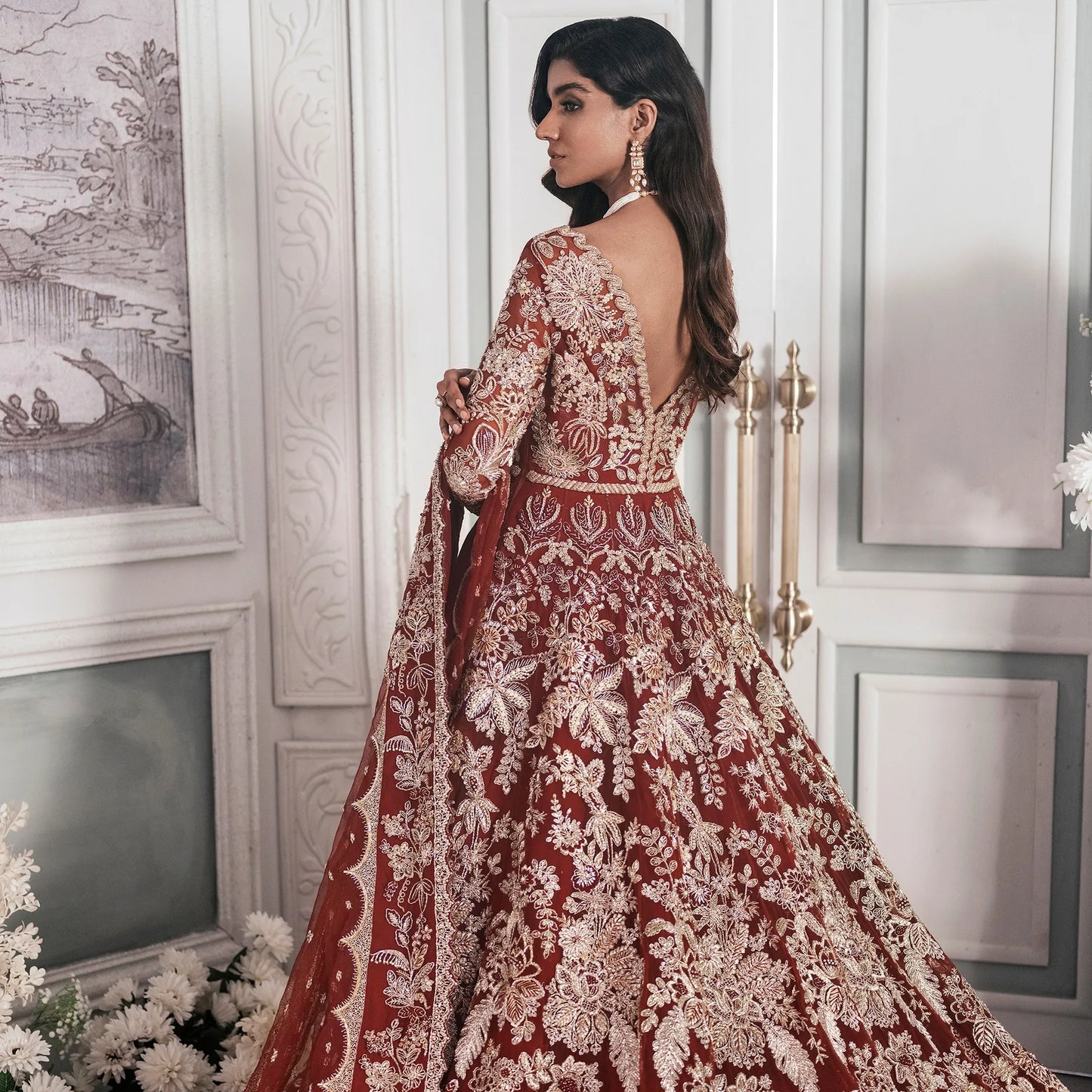 Maroon And Red Lehenga Maxi Dress Pakistani Bridal Wear