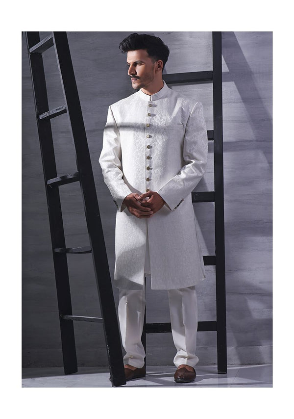 Classic Silver Karandi Traditional plain Sherwani