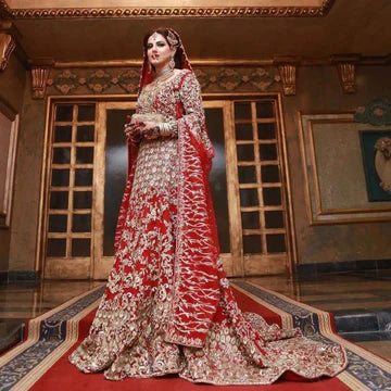 Pakistani Bridal Maxi Fresh Red Fershi Long Tail