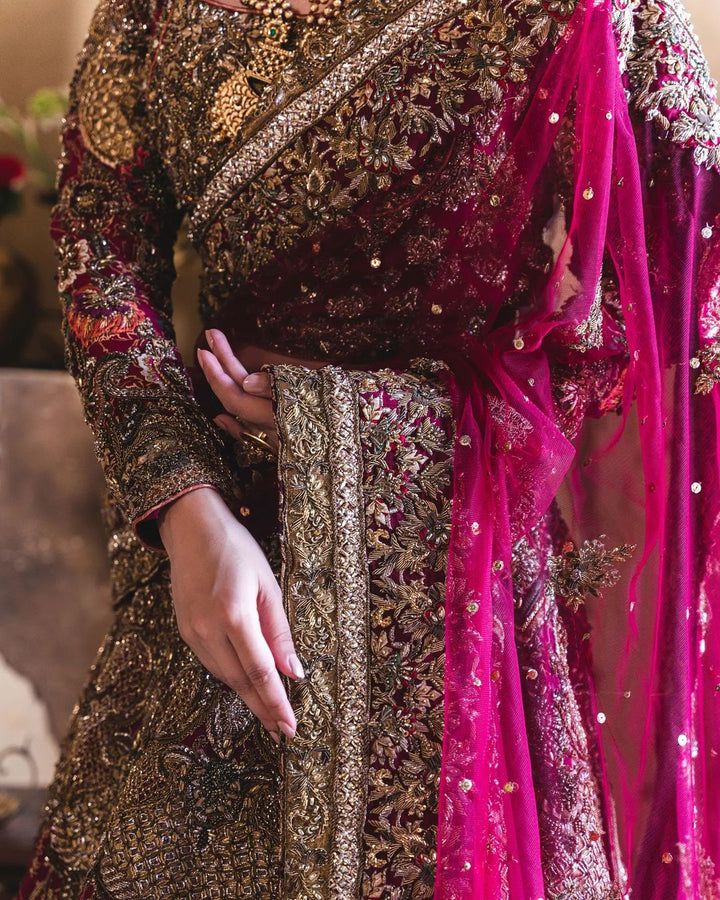 dark purple wedding dress pakistani  BRIDE ENERGY: ACTIVATED  This purple lehenga gown isn't just a dress   it's a whole main character moment  From the shimmering details to the  regal jamawar lehenga, this bridal