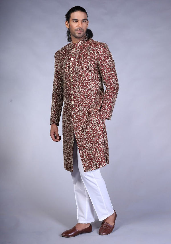 Premium Messori Maroon Raw Silk Trad Machine Embroidered Sherwani