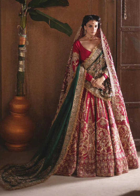 Red Maroon Lehenga Choli with Green Dupatta