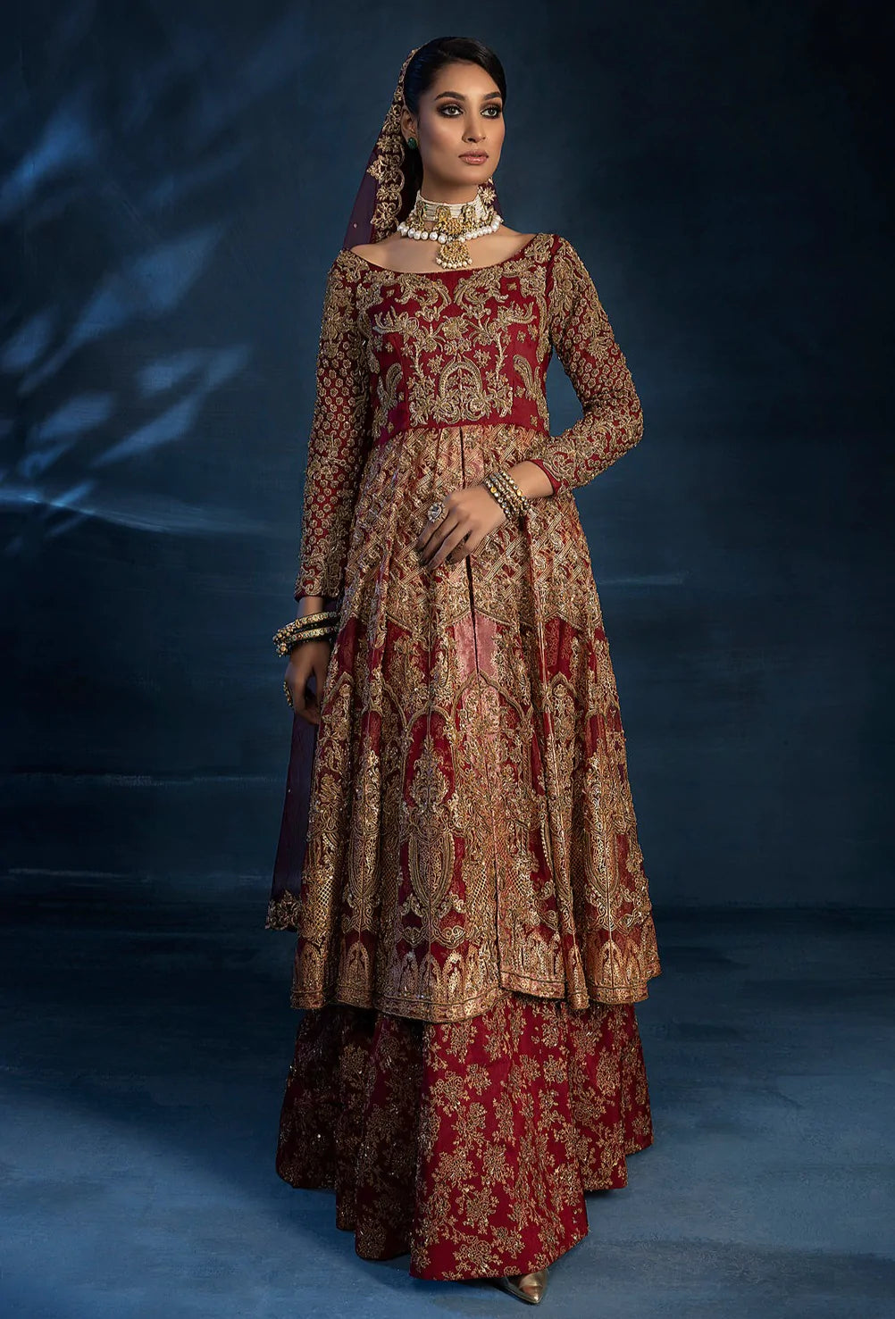 Red Pakistani Bridal Dress In Open Kameez Lehenga Style