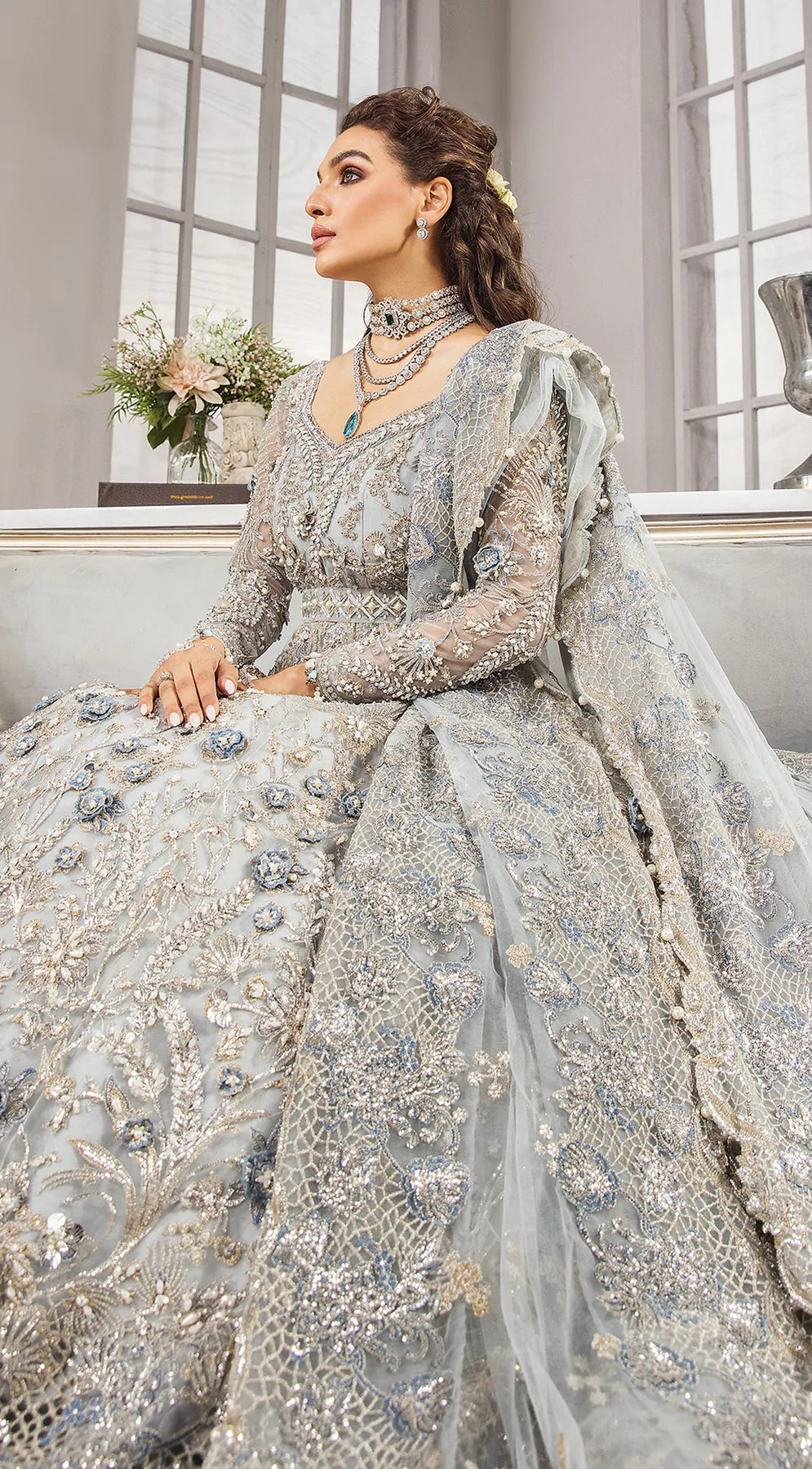 Silver Grey Lehenga Gown For Pakistani Bridal Wear UY Collection Silver Grey Lehenga Gown For Pakistani Bridal Wear UY Collection