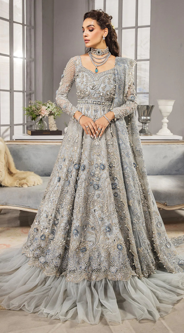 grey dress pakistani Pakistani Bridal Dress in Blue Grey Gown Dupatta Style SMALL