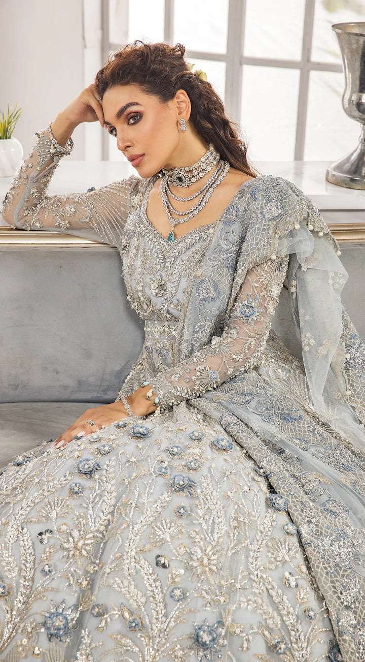 silver color pakistani dresses Pakistani Bridal Gown Fine Attire Bridal Boutique Silver Grey Lehenga Gown For Pakistani Bridal Wear