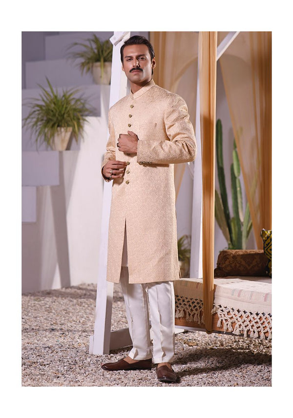 Premium Satin Beige Classic Fit Embroidered Sherwani