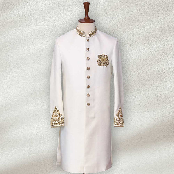 White Silk Sherwani With Golden Embroidery