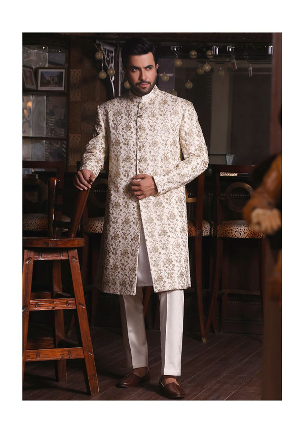 Classic Cream Cotton Net Traditional Embroidered Sherwani